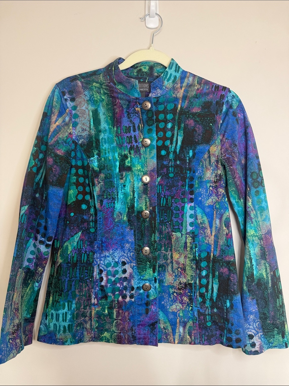 Vintage Abstract Teal & Blue Button-Front Women’s Jacket - Addition’s by Chico’s